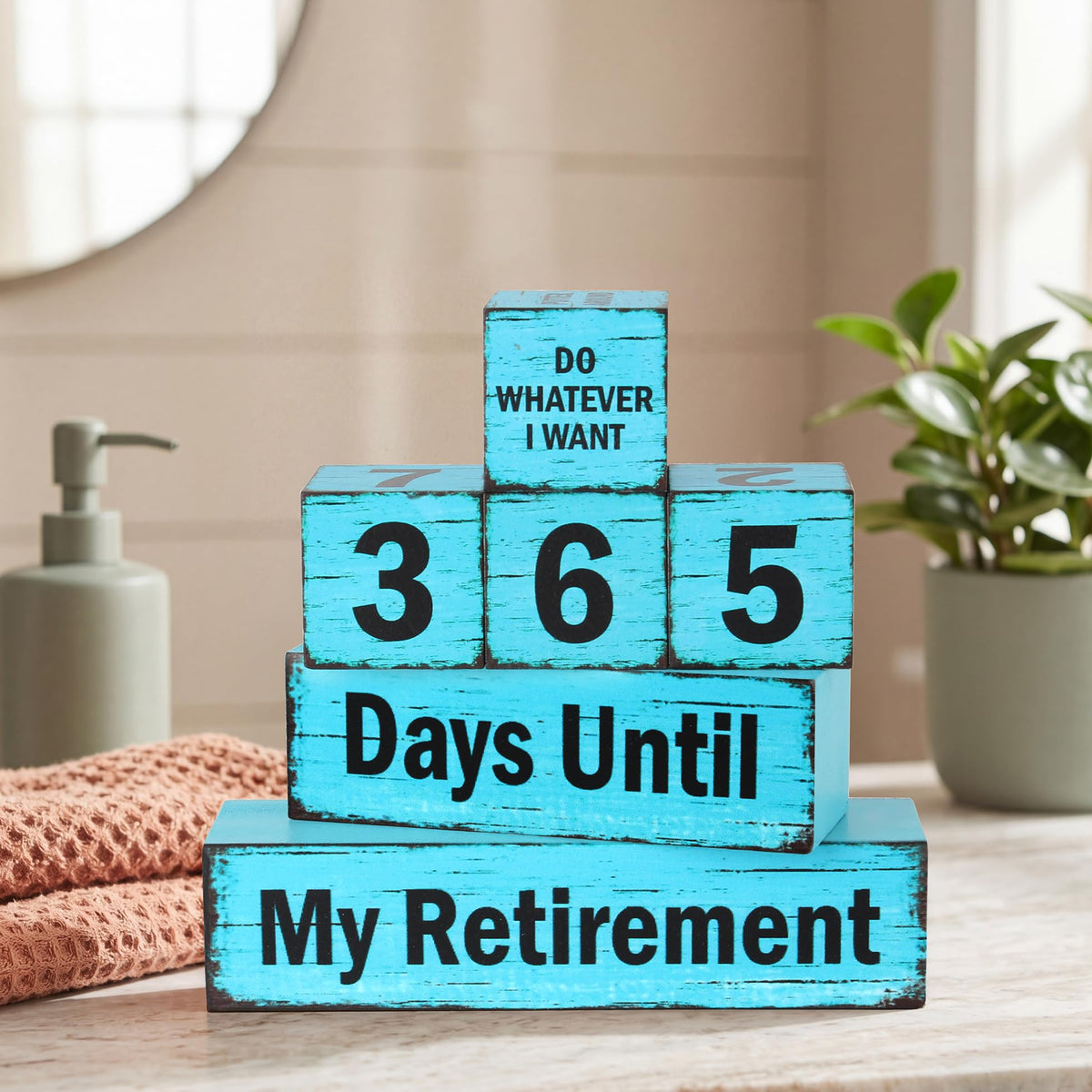 7 Pcs 365 Days Retirement Countdown Wooden Table Decor, Retire Activities Decision Dice Table Decorations for Home Office