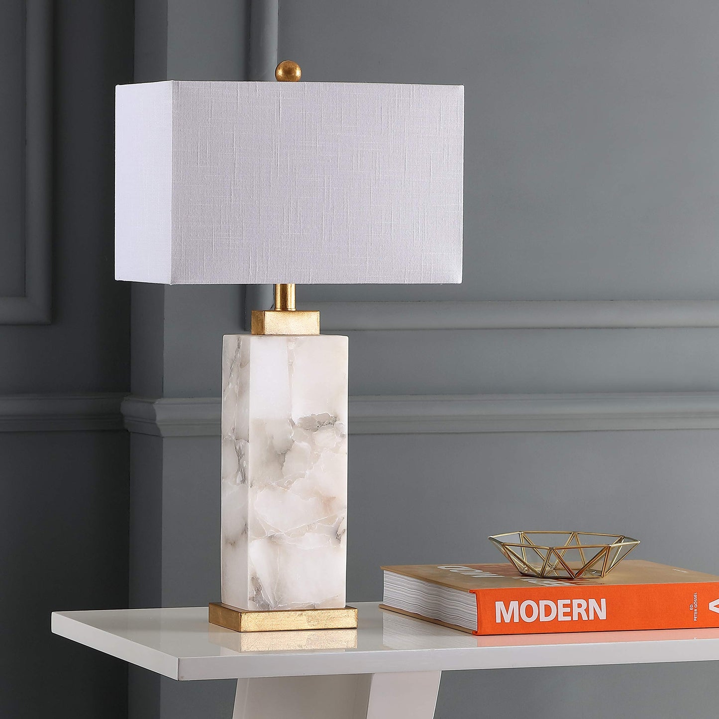 JONATHAN Y 27.5" White/Gold Modern Alabaster Rectangular Table Lamp with Night Light Contemporary Coastal Bedside Lamp for Bedroom with White Linen Shade LED Bulbs Included JYL6201A