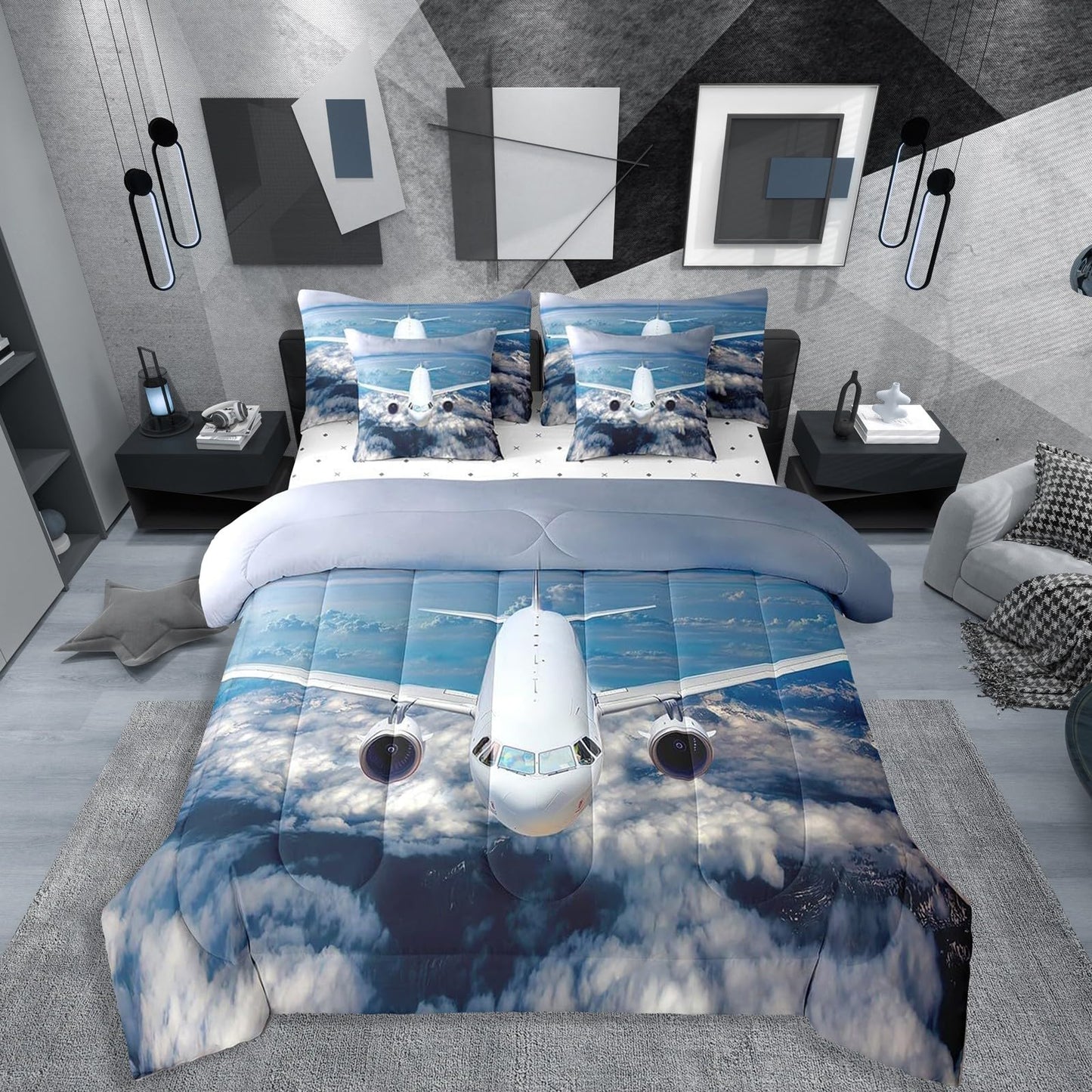 Erosebridal Aviation Aircraft Comforter Set 7 Piece Bed in a Bag Twin,Plane Airliner Bedding Sets Airplane Aeroplane Sheet Set with Comforter