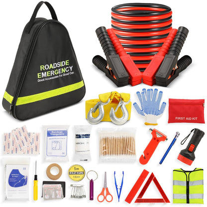 Car Emergency Kit with Jumper Cables, Roadside Safety Emergency Car Kit for Vehicle Truck Motorcycle - Gifts for Men Women Teenagers, Easy Storage(Black)