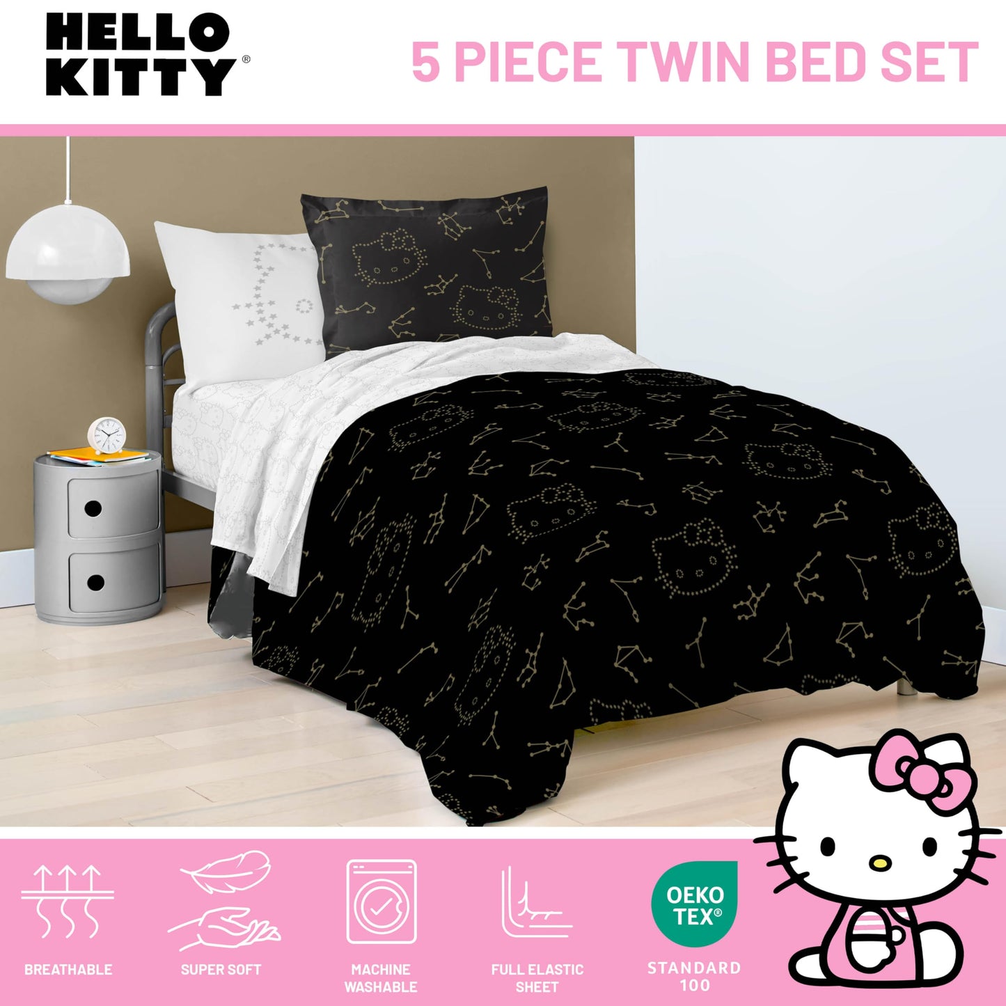 Jay Franco Hello Kitty Stars Twin Comforter Set - 5 Piece Bedding Includes Sheet Set & Pillow Covers - Super Soft Zodiac Black & Gold Bedding