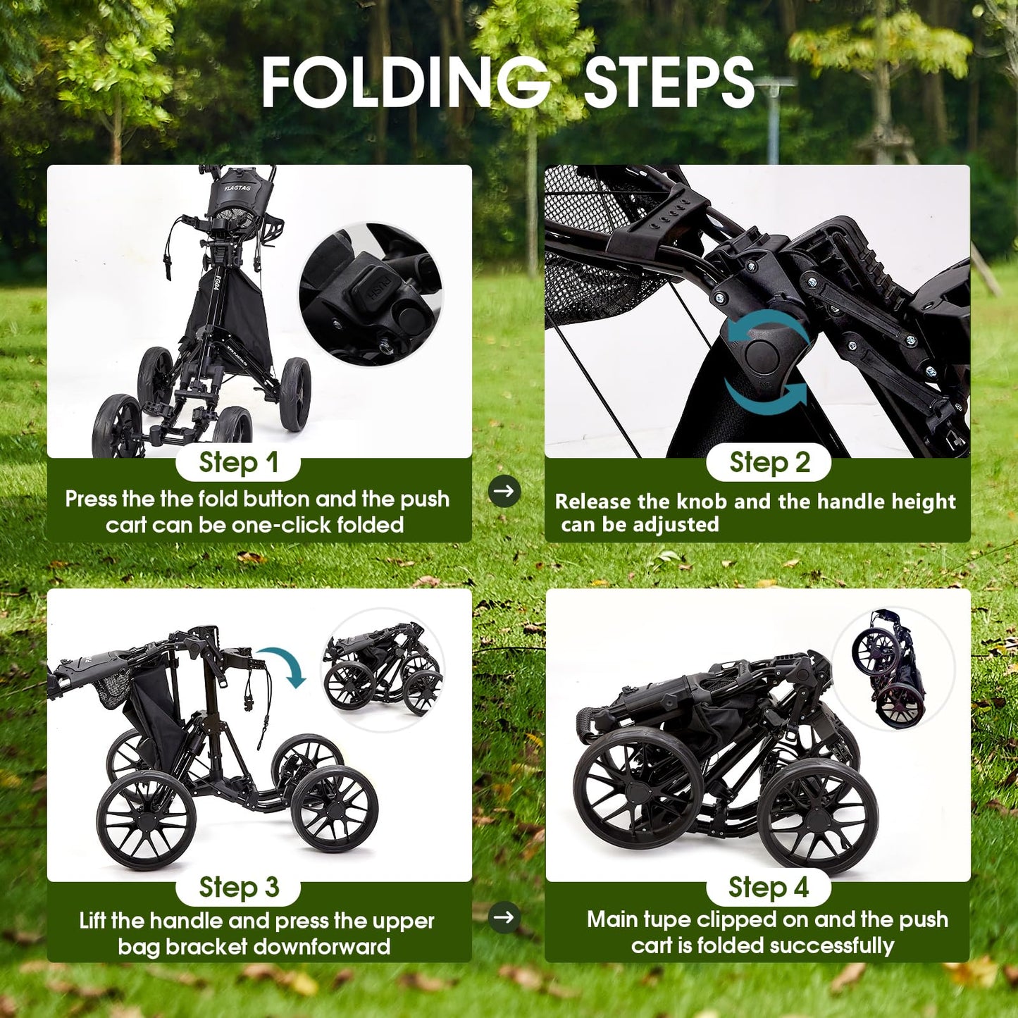 FLAGTAG Golf Push Cart 4-Wheels,Folding Golf Cart, Golf Pull cart with Cup Holder,Umbrella Holder,Cooler Bag, Foldable with one-Click,Handle Height Adjustable,Drink Holder,Walking Push cart