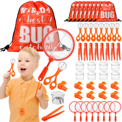Silipull Bug Catching Kit for Kid Outdoor Explorer Kit Include Catching Scissor Tong Tweezer Clamp Bug Cage Whistle Insect Net Drawstring Bag for Boy Girl Educational Adventure Hunting (Orange,48 Pcs)