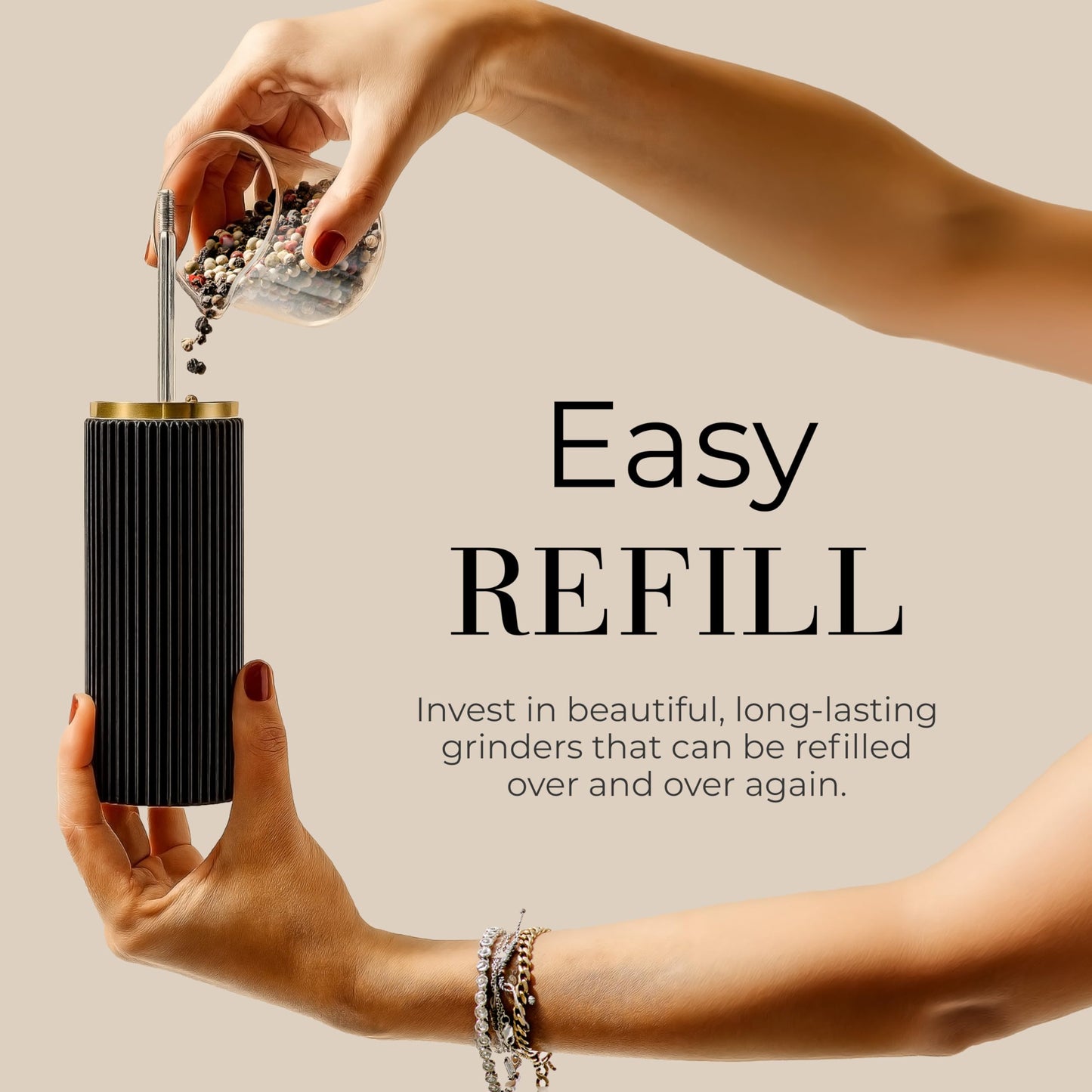 Wooden Salt and Pepper Grinder Set – Refillable Manual Salt and Pepper Mills with Adjustable Ceramic Burrs, Gold Detailing, and Wood Stand – Black and Dark Wood