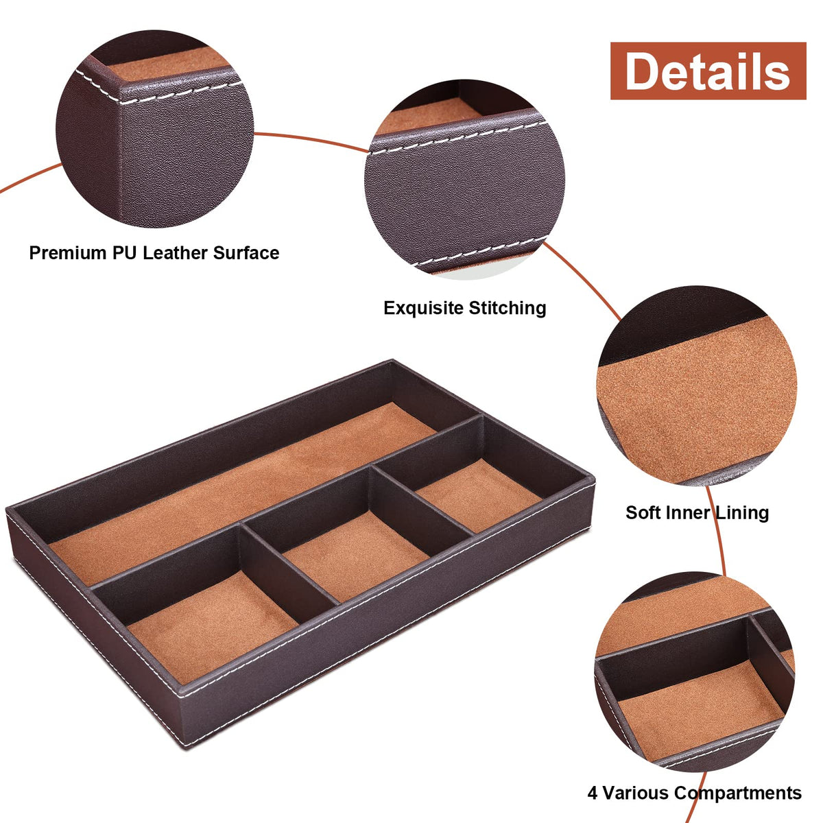 GORESE Faux Leather Valet Tray for Men, Stackable Jewelry Organizer for Drawers Inserts, Nightstand Caddy Tray for Key, Wallet, Sunglass, Watch, Coin, Phone, Bedside Desktop Storage Brown