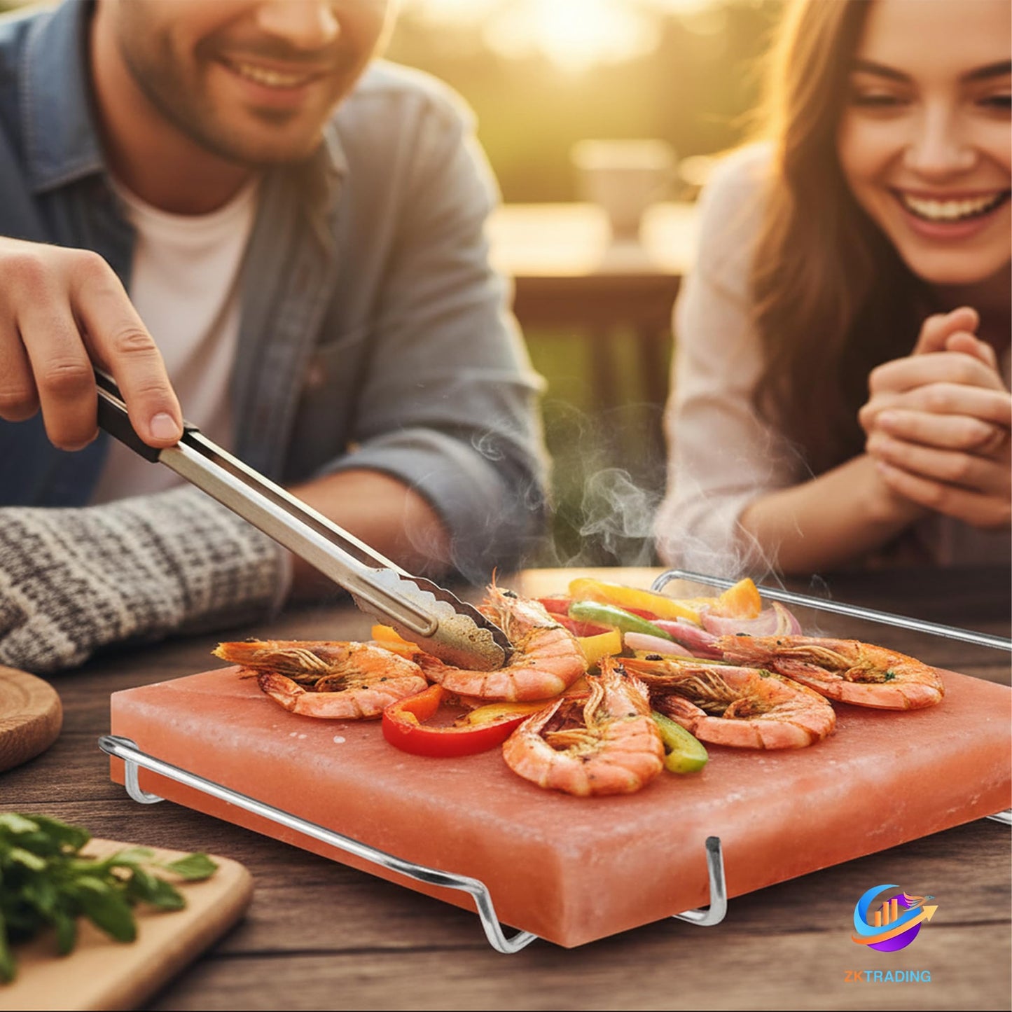 ZK Himalayan Salt Cooking Block 8"x8"x1” Plate with Steel Tray Holder- Food Grade Rock Salt for Grilling, Cutting, and Serving, Salt Slab a Unique Gift for Men, Women, Chefs & Cooks