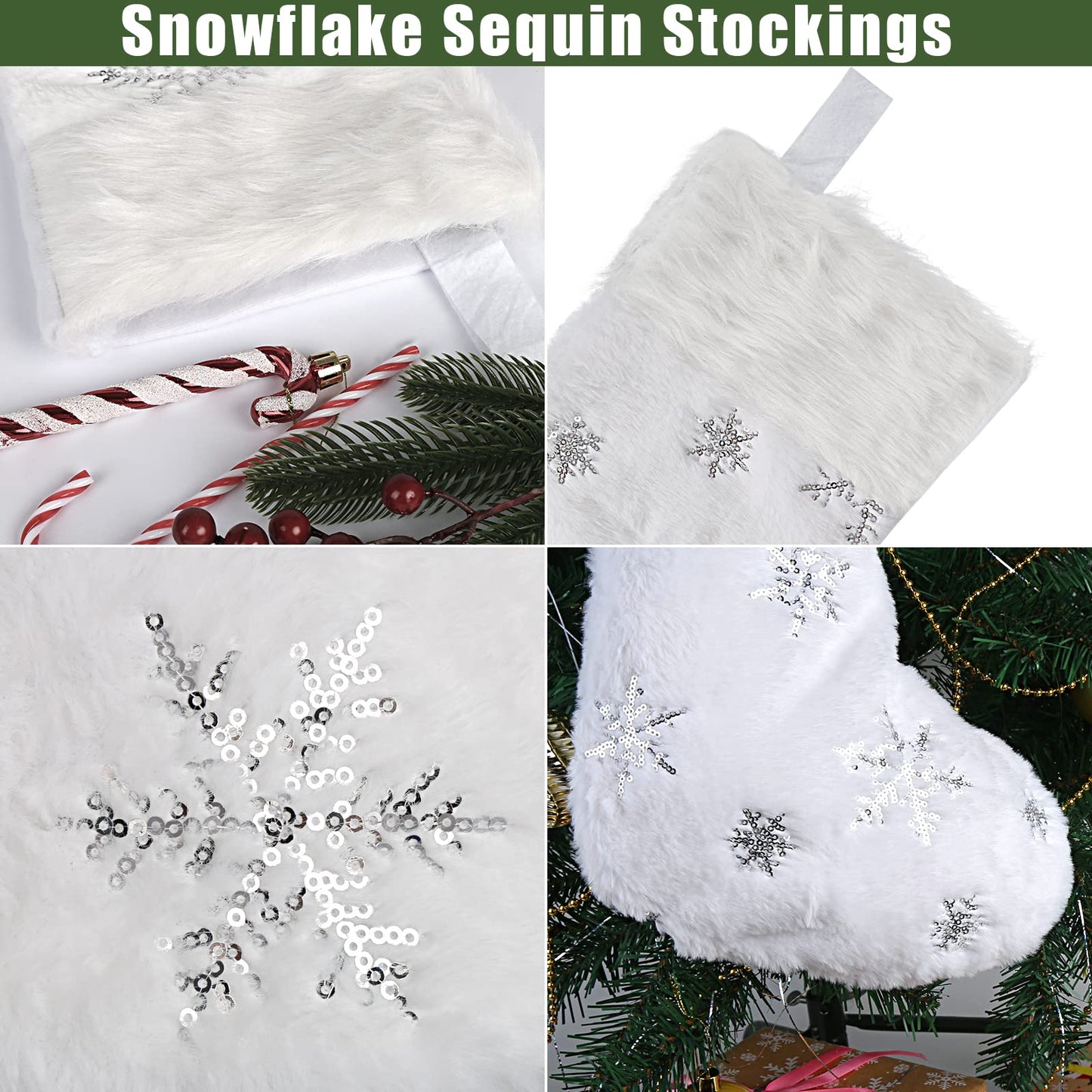 DIYASY White Christmas Stockings, 4 Pack Large Faux Fur Christmas Stockings with Silver Sequin Snowflakes Personalized Christmas Stocking for Fireplace Hanging and Holiday Party Decoration 17.5 Inches