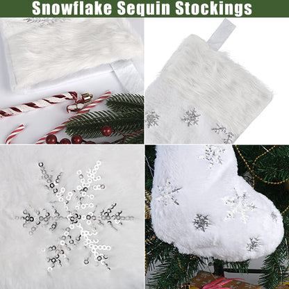 DIYASY White Christmas Stockings, 4 Pack Large Faux Fur Christmas Stockings with Silver Sequin Snowflakes Personalized Christmas Stocking for Fireplace Hanging and Holiday Party Decoration 17.5 Inches