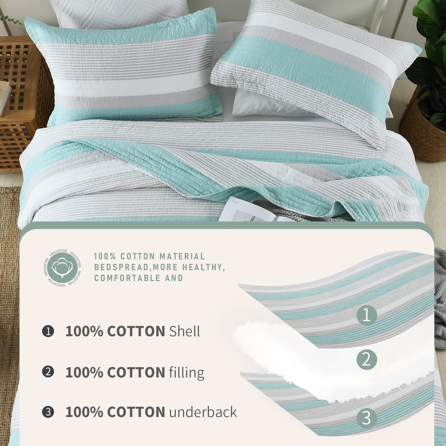 Finlonte King Quilt Striped Bedspread, 100% Cotton King Size Quilt, LightBlue Gray King Quilt Sets, Lightweight Soft King Bed Quilt for All Season