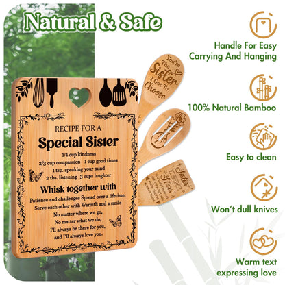 Sister Birthday Gifts - "Recipe for a Special Sister" Sister Gifts from Sister Cutting Board Set, Bamboo-Made Engraved Utensil Set Sister Gifts from Sister, Mothers Day Gifts for Sister