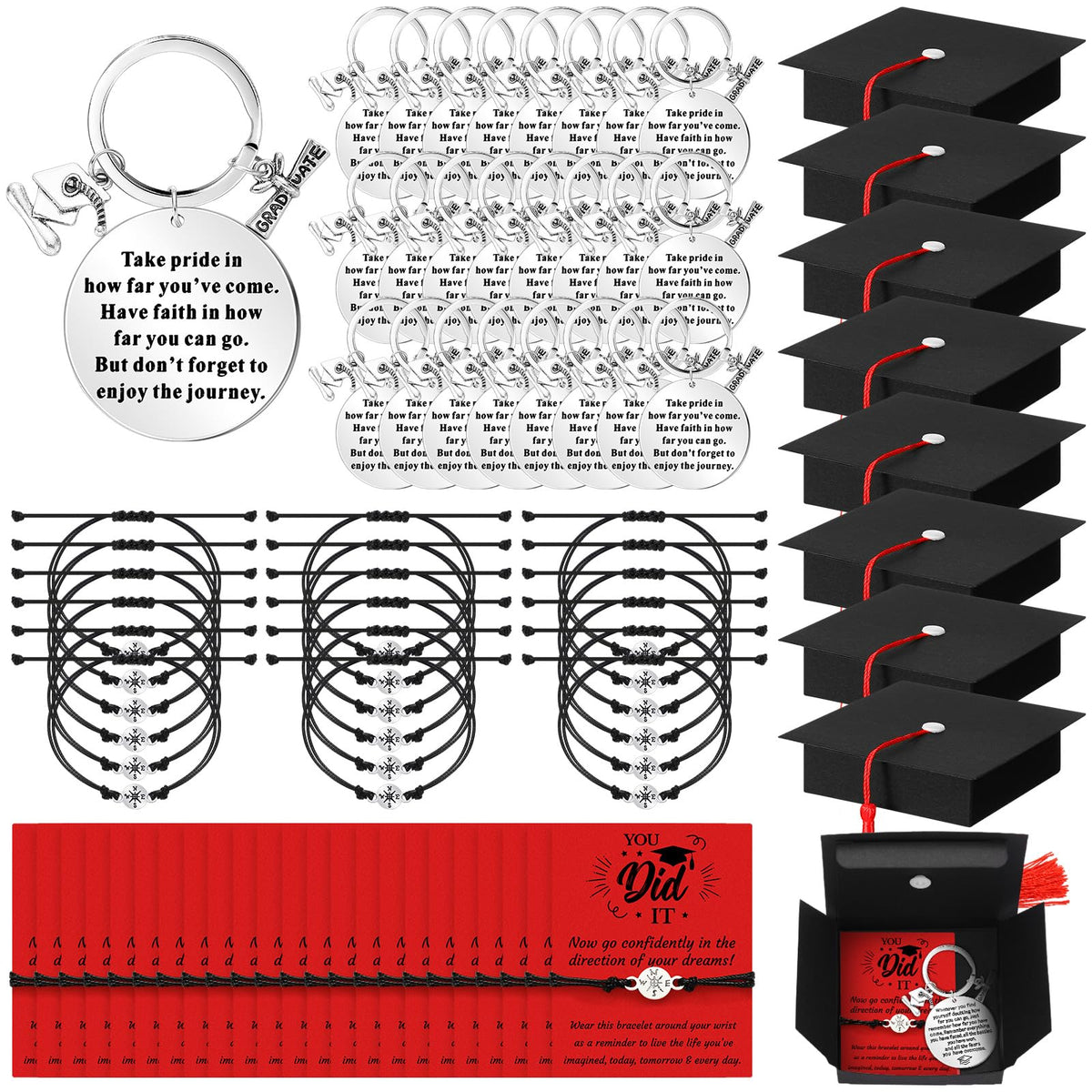 Ecation 24 Sets 2026 Graduation Gifts Unisex Bracelets Comes in Cap Shaped Box with Quote Card Keychain for Class of 2026(Retro Style)