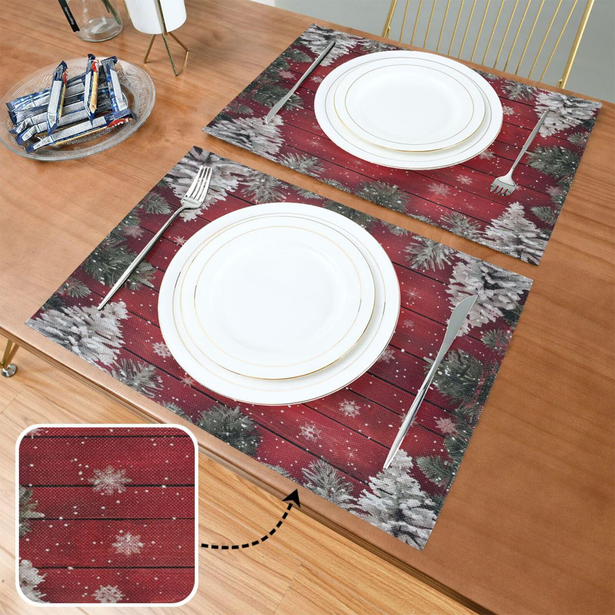 Christmas Placemats Set of 6 Happy Red Wooden Christmas Trees Placemat Table Place Mats for Dining Kitchen Table Easy to Clean Washable