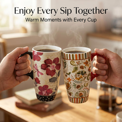Topadorn Ceramic Coffee Mug Set of 2, 17 Oz Tea Cups with Handle and Lid for Latte, Tea, Cappuccino, Milk, Cocoa, Microwave&Dishwasher Safe, Flowers and Forest