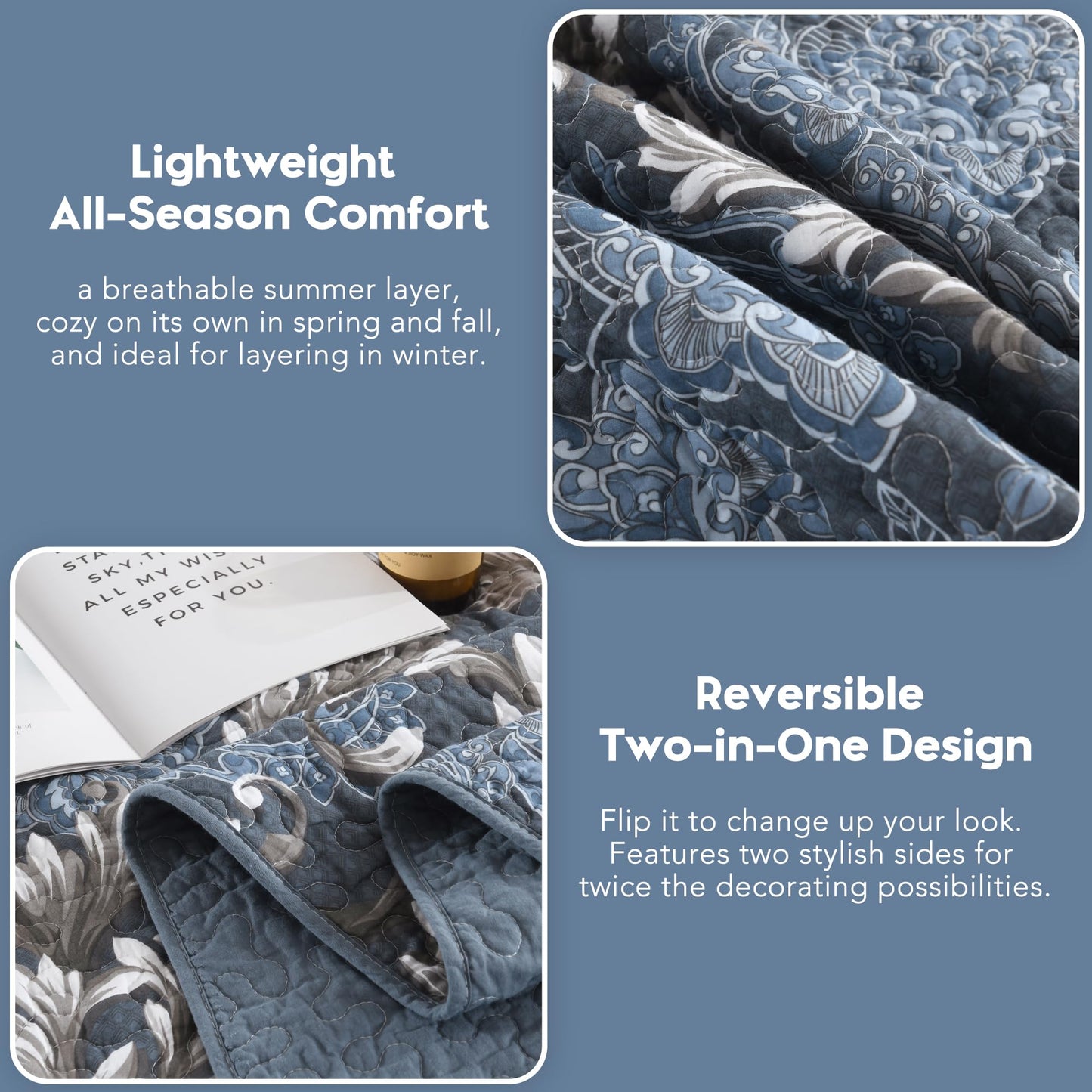 BCOTTOND King Size Quilt Set - Blue Gray and White Quilt Set King, 100% Cotton Floral Bedspread Set 3 Piece, Traditional Elegant Lightweight Comforter, Reversible Quilt Bedding Set for All Season