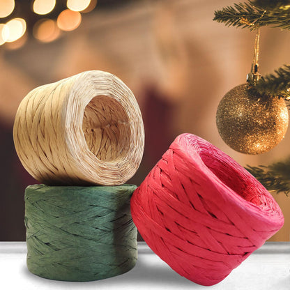 CREATRILL 3 Rolls Red Green Kraft 1/4" by 492 Feet Raffia Ribbon/String, 164 Feet Each Roll, Packing Paper Twine for Christmas