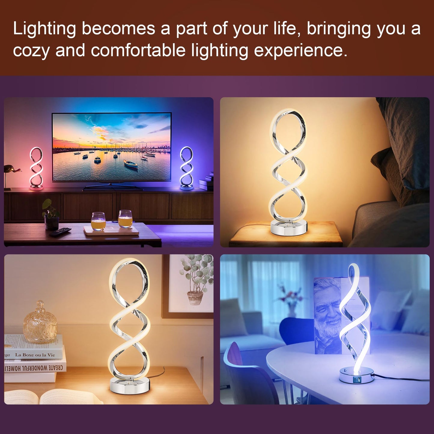 Adebime Modern Spiral RGB Table Lamp, Touch Dimmable Bedside Lamp, 7 Colors 10 Light Modes Spiral Design Table Lamp, Unique Nightstand Lamp for Living Room, Bedroom, Cool Lamps, Silver