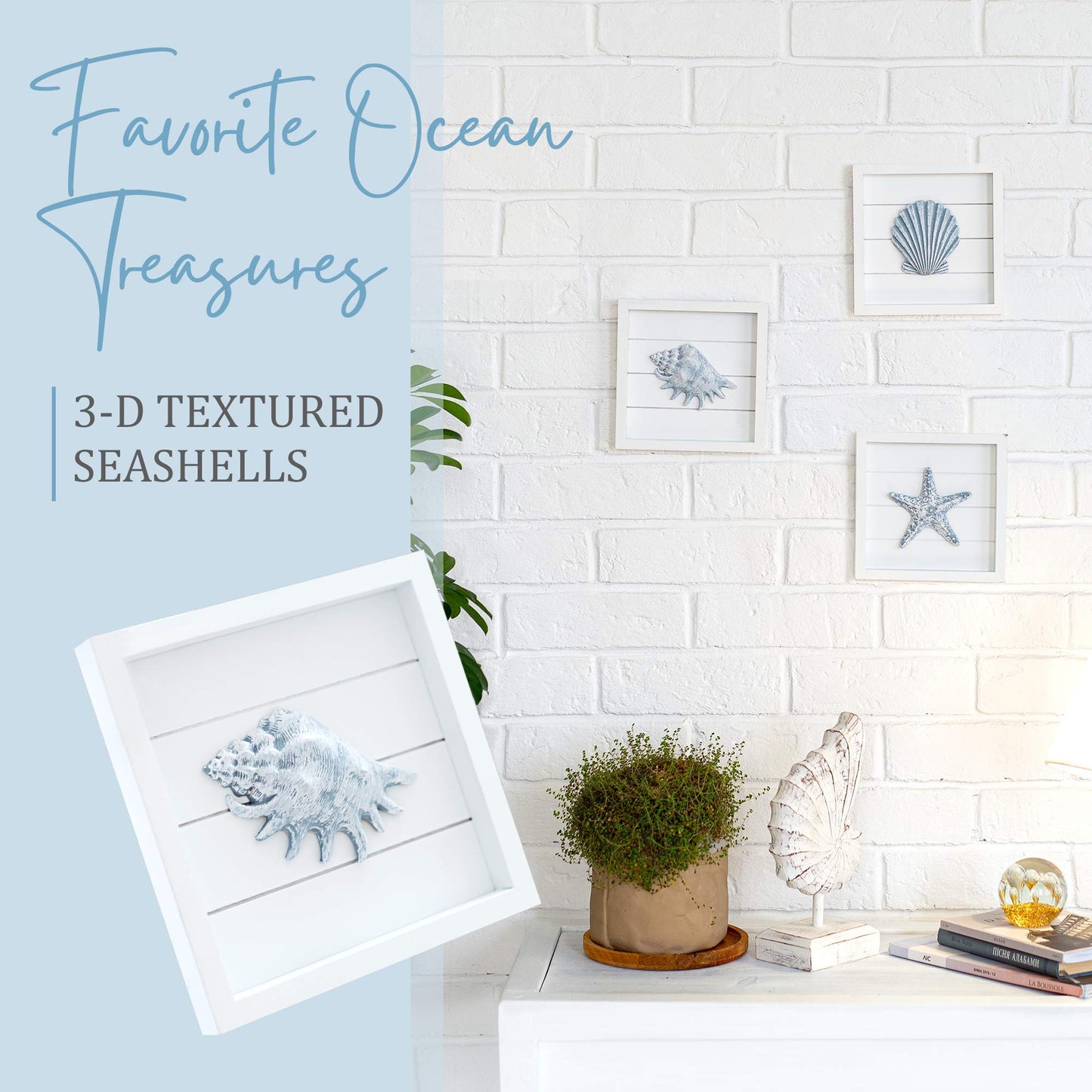 TideAndTales Blue Seashells and Starfish (Framed Set of 3) Coastal 3D Wall Art for Bathroom or Bedroom, Ocean-Inspired Beach Decorations for Home or Beach House