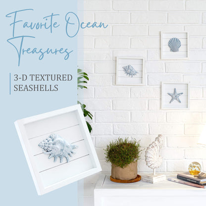 TideAndTales Blue Seashells and Starfish (Framed Set of 3) Coastal 3D Wall Art for Bathroom or Bedroom, Ocean-Inspired Beach Decorations for Home or Beach House
