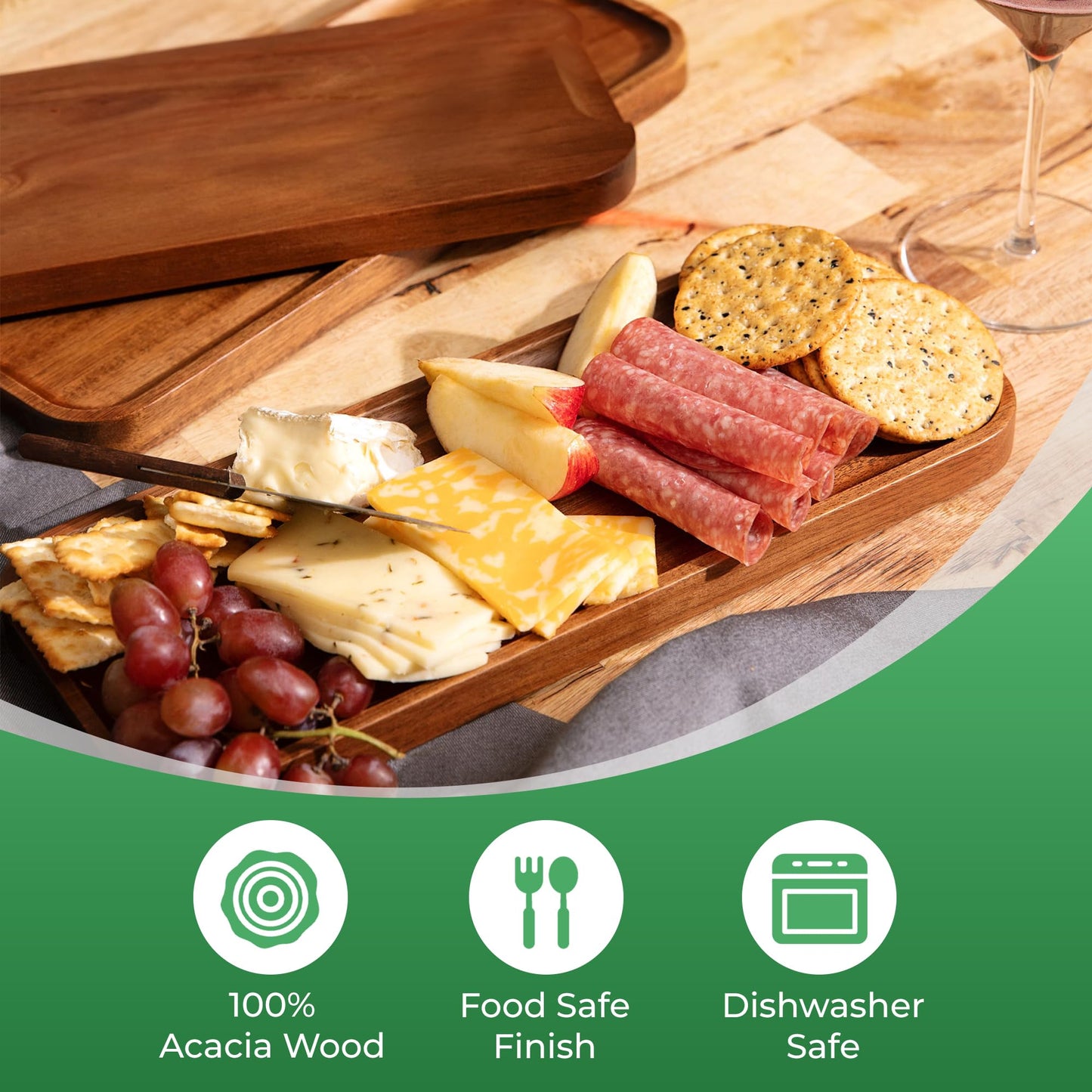 Solid Acacia Wood Serving Trays (14 x 5.5 inches) Rectangular Wooden Large Serving Platters for Food, Wooden Platter for Charcuterie, Appetizer Serving Tray, Wood Cheese Board (Set of 3 Plates)