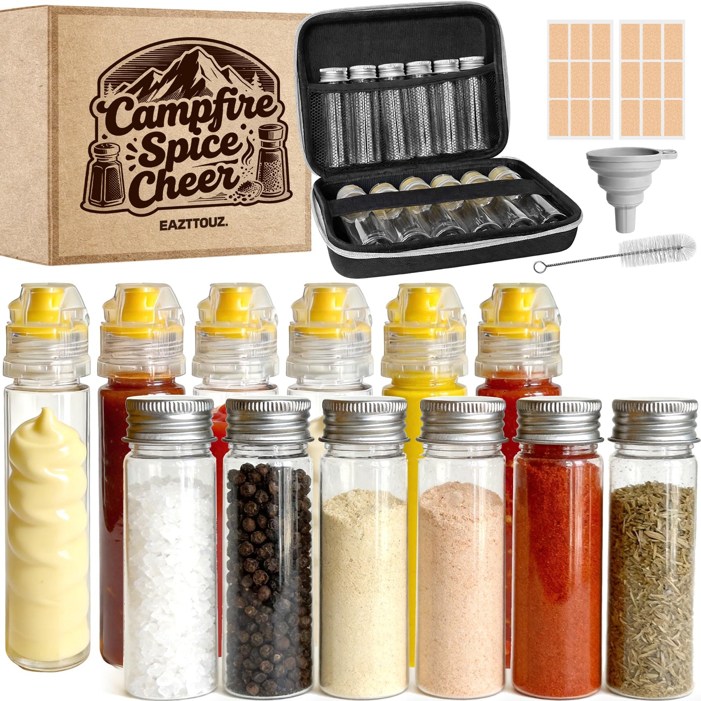 Portable Travel Camping Spice Kit - 12Pcs Spice Jars Set: 6 Mini Salt and Pepper Shakers + 6 Spice Containers Squeeze Bottles, Bonus Funnel, Cleaning Brush & EVA Storage Bag for Outdoor/Travel/Picnic