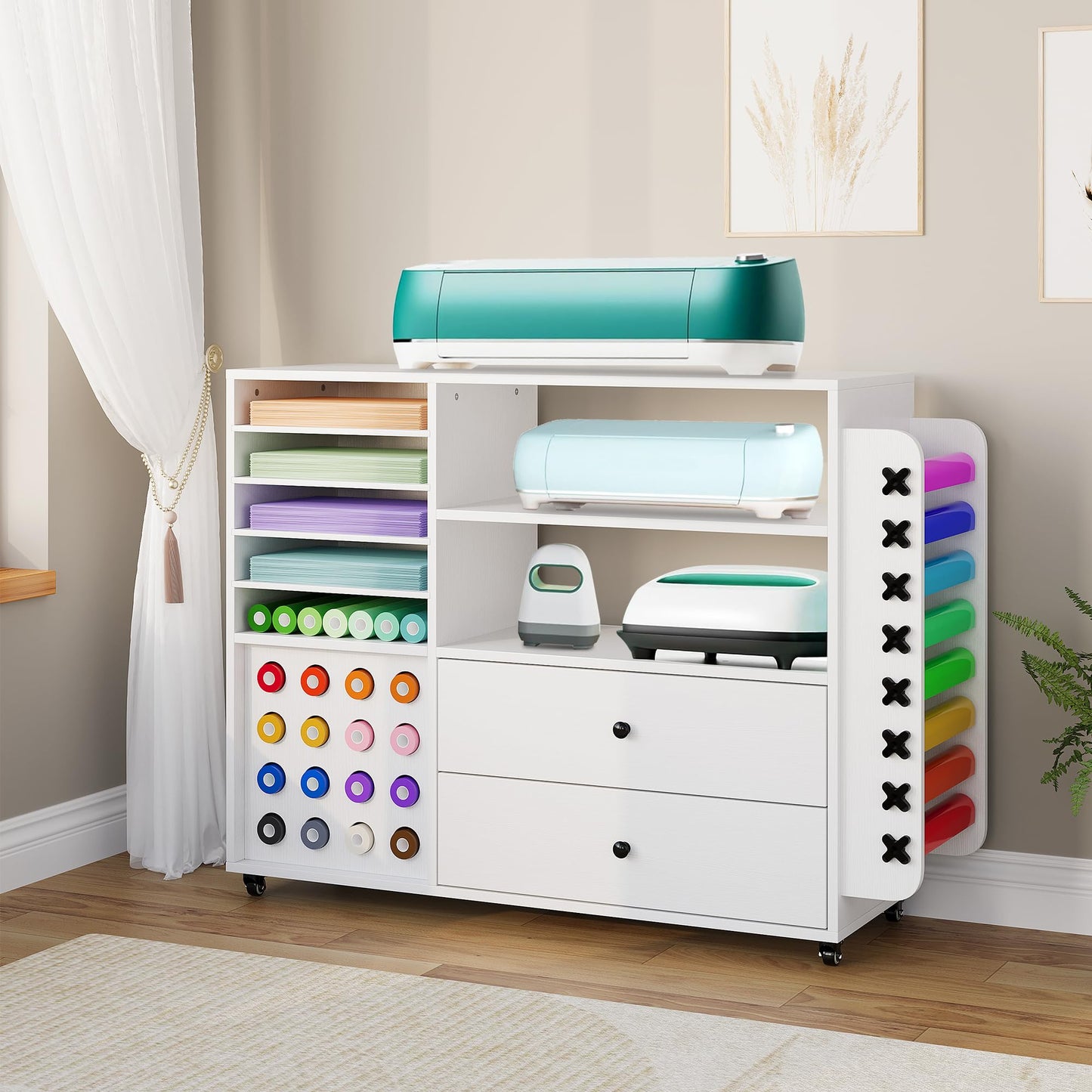 Craft Cart for Cricut Storage Organization, 42'' Rolling Craft Cabinet with 24 Vinyl Roll Holder and 2 Large Drawers Compatible with Cricut Machine White