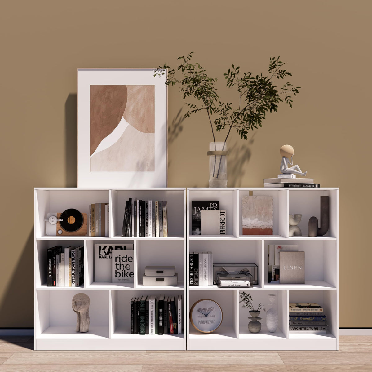 NewBeth 7-Cube Wooden Bookcase,3-Tier Freestanding Storage Cubes with Base,Multi-Purpose Open Shelving for Books,Toys,Bins,Decor – Home Office,Bedroom,Living Room Organizer (White, 7-Cube)