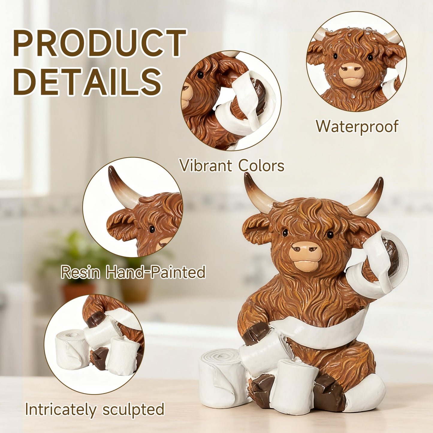 YeehaWhoo Highland Cow Bathroom Decor, Highland Cow Gifts for Women, Cow Figurine with Bathtub/Toilet/Tissue, Xmas Rustic Resin Ornaments Statue for Farmhouse Kitchen Home Table Christmas Decoration