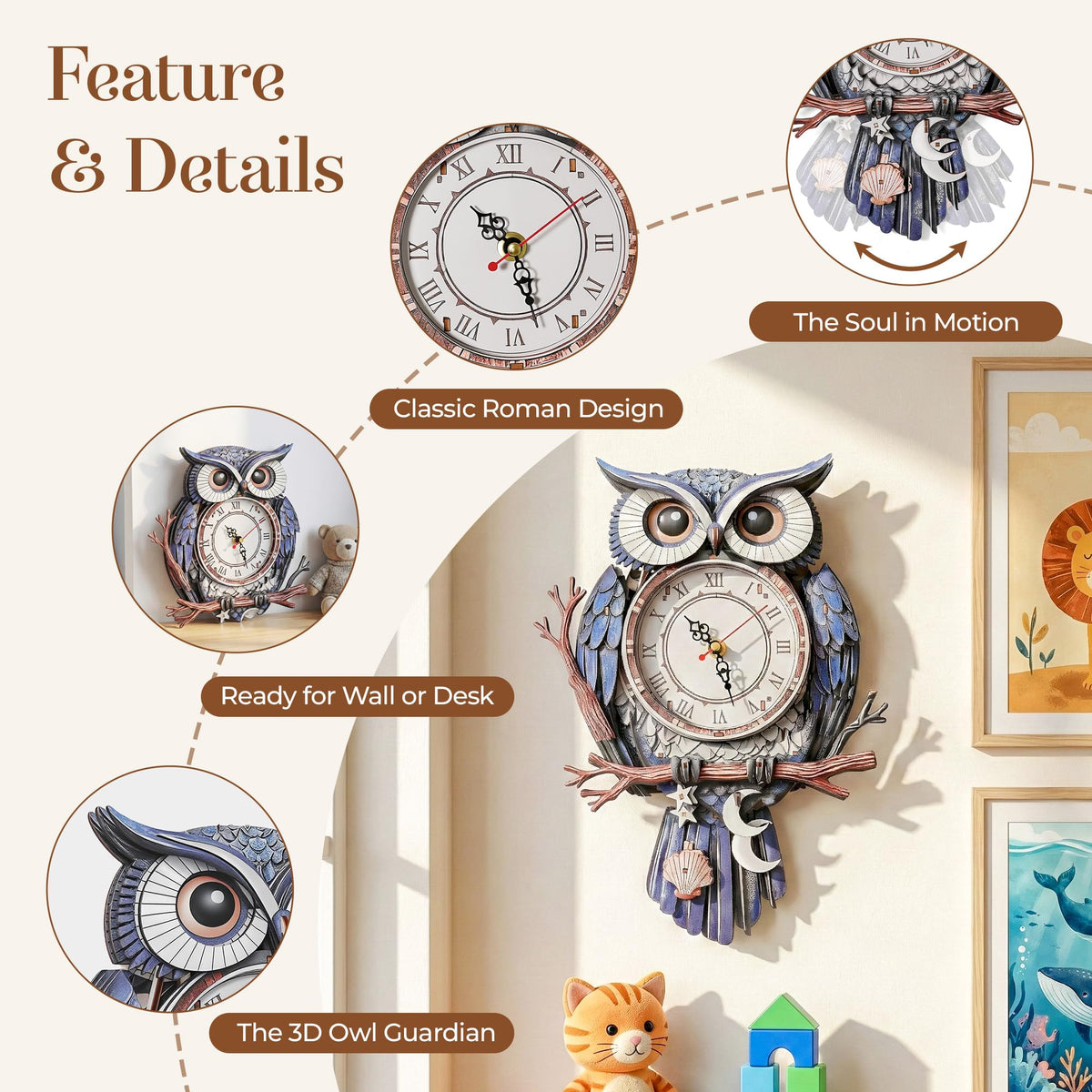 WDPINTU 3D Wooden Puzzle Clock - Owl with Moon & Stars Design, DIY Mechanical Pendulum Wall Clock, Unique Night Theme Decor Gift for Adults & Teens