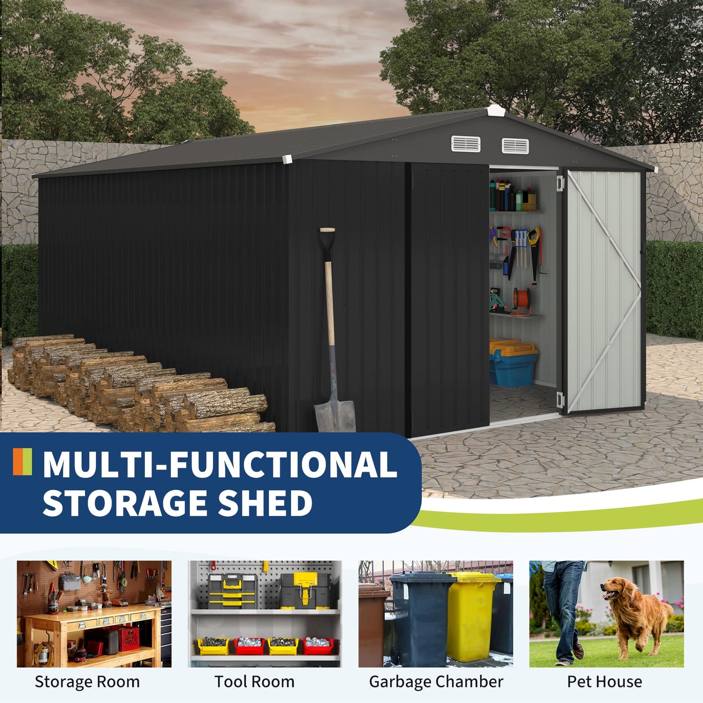 Metal Outdoor Storage Shed Kit, Lockable Door Utility Shed with Air Vent for Backyard Garden Patio Lawn