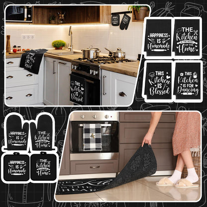 Fourluoo 10 Pcs Farmhouse Kitchen Decor and Accessories Set 4 Kitchen Towels 2 Pot Holders 2 Oven Mitts 2 Rugs for Cooking Baking Mom Housewarming Gifts(Black,Classic Style)
