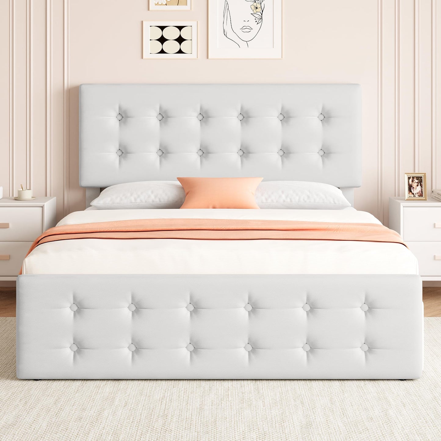 IDEALHOUSE Full Size Bed Frame with 4 Storage Drawers and Headboard, Faux Leather Upholstered Platform Bed Frame with Wooden Slats Support, Button Tufted Design, No Box Spring Needed, White