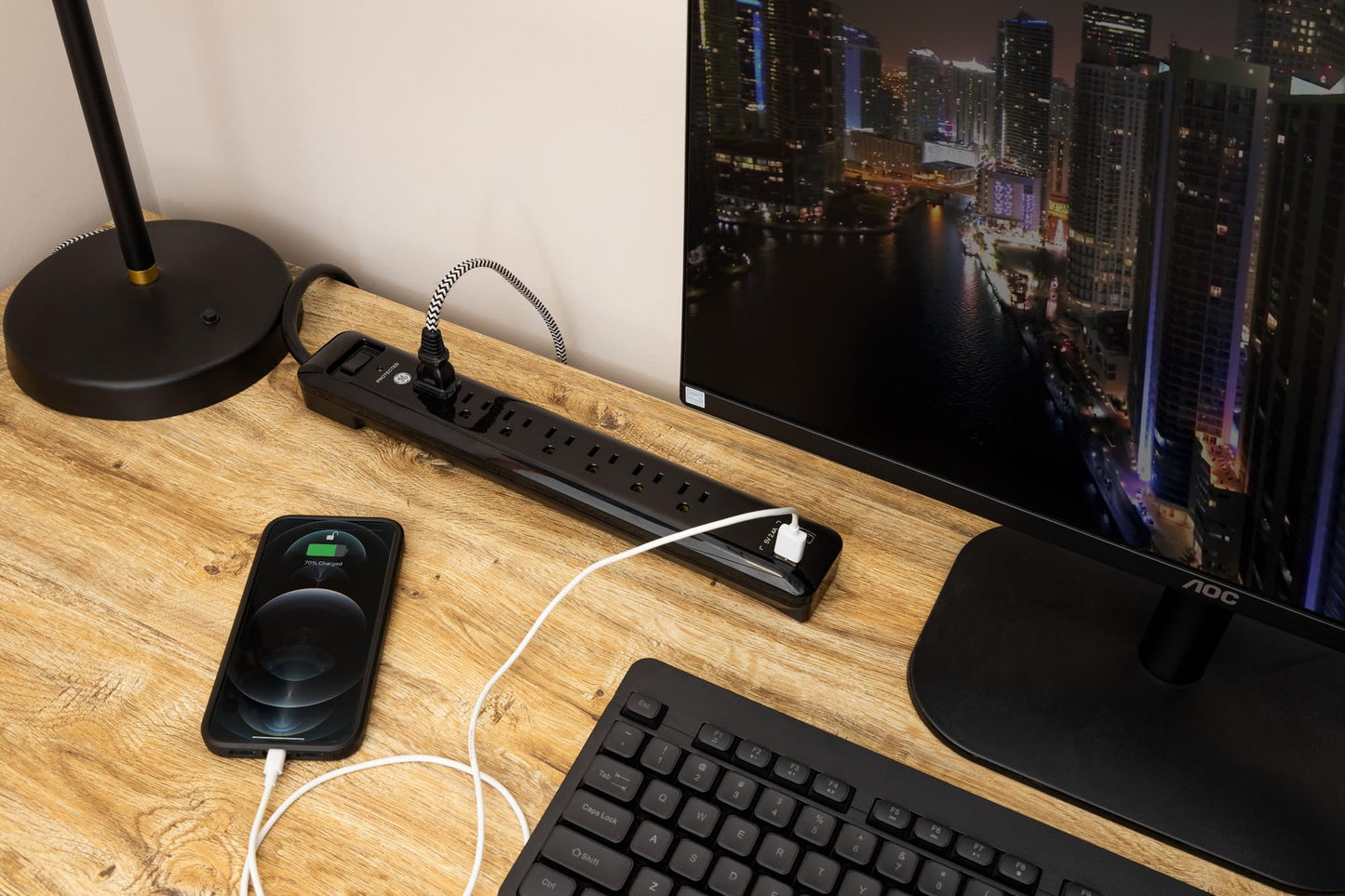 GE 6-Outlet Power Strip with USB, 1 USB-A, 1 USB-C, Outlet Extender, 6 Ft Braided Extension Cord, Flat Plug, Charging Station, Black, 82595