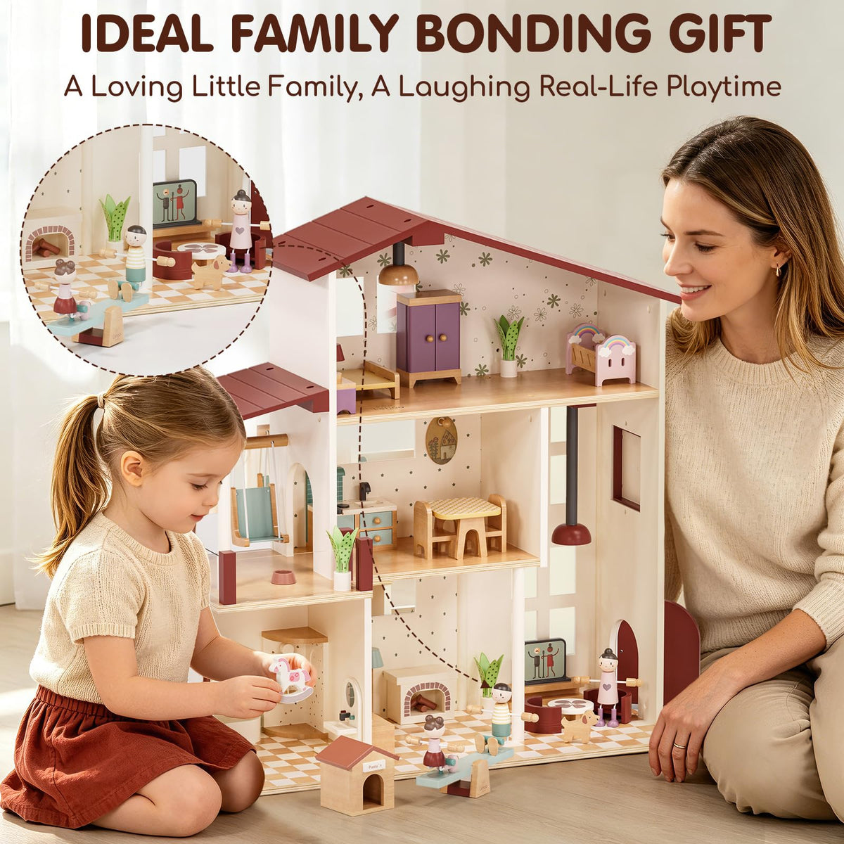 Lehoo Castle Wooden Dollhouse for Girls, Realistic Doll House with 5 Rooms & 38 Accessories, DIY Pretend Play Dream Dollhouse with Doll and Furniture, Ideal Creative Gift for Ages 3+
