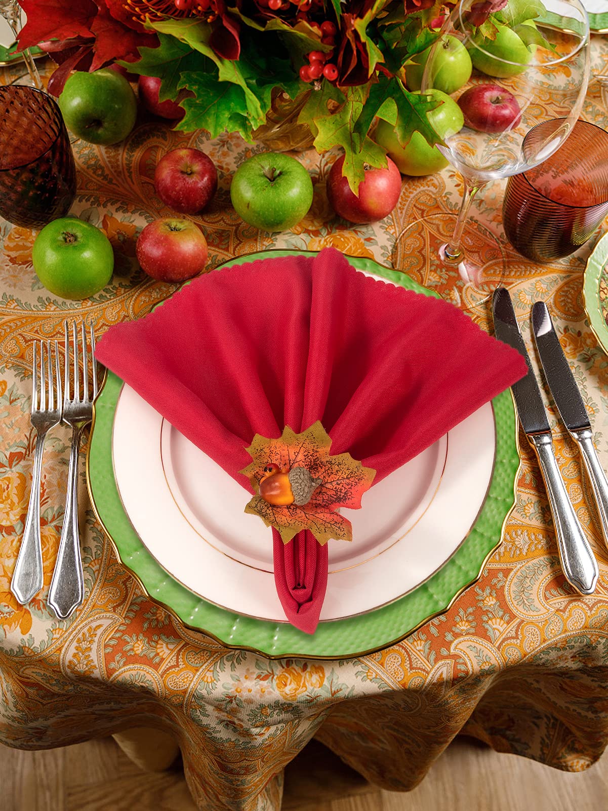 Thanksgiving Napkin Rings Set of 12- Fall Napkin Rings Holders with Harvest Acorns Maple Leaf for Autumn Thanksgiving Themed Party Wedding Family Gathering Farmhouse Table Decor