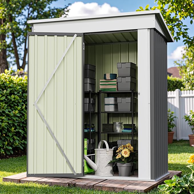 Patiowell 5x3 FT Outdoor Storage Shed, Garden Tool Shed with Sloping Roof and Lockable Door, Metal Shed for Backyard Garden Patio Lawn, Gray