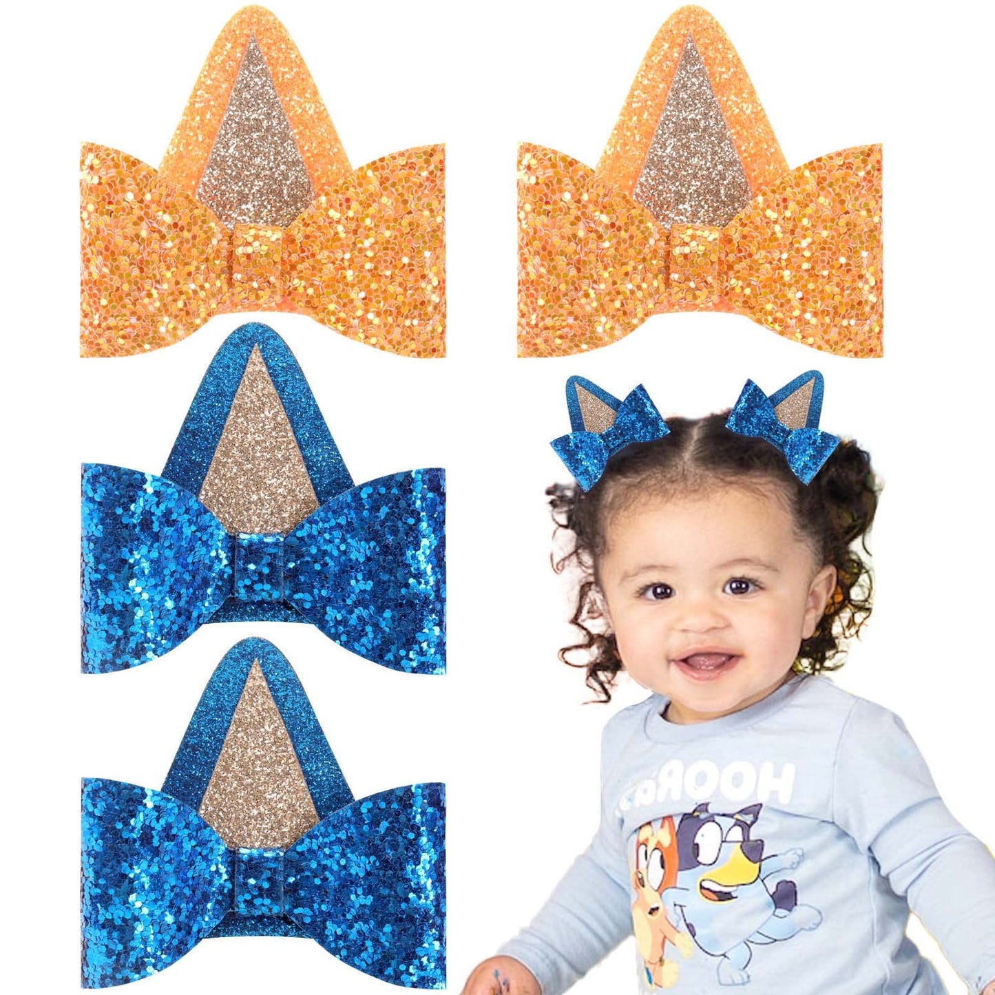 2 Pairs Blue Dog Ears and Orange Dog Ear Hair Bow Clips for Toddler Kids Adult Glitter Bows Halloween Costume Animal Cosplay Hair Accessories Birthday Party Supplies (Blue+Orange)