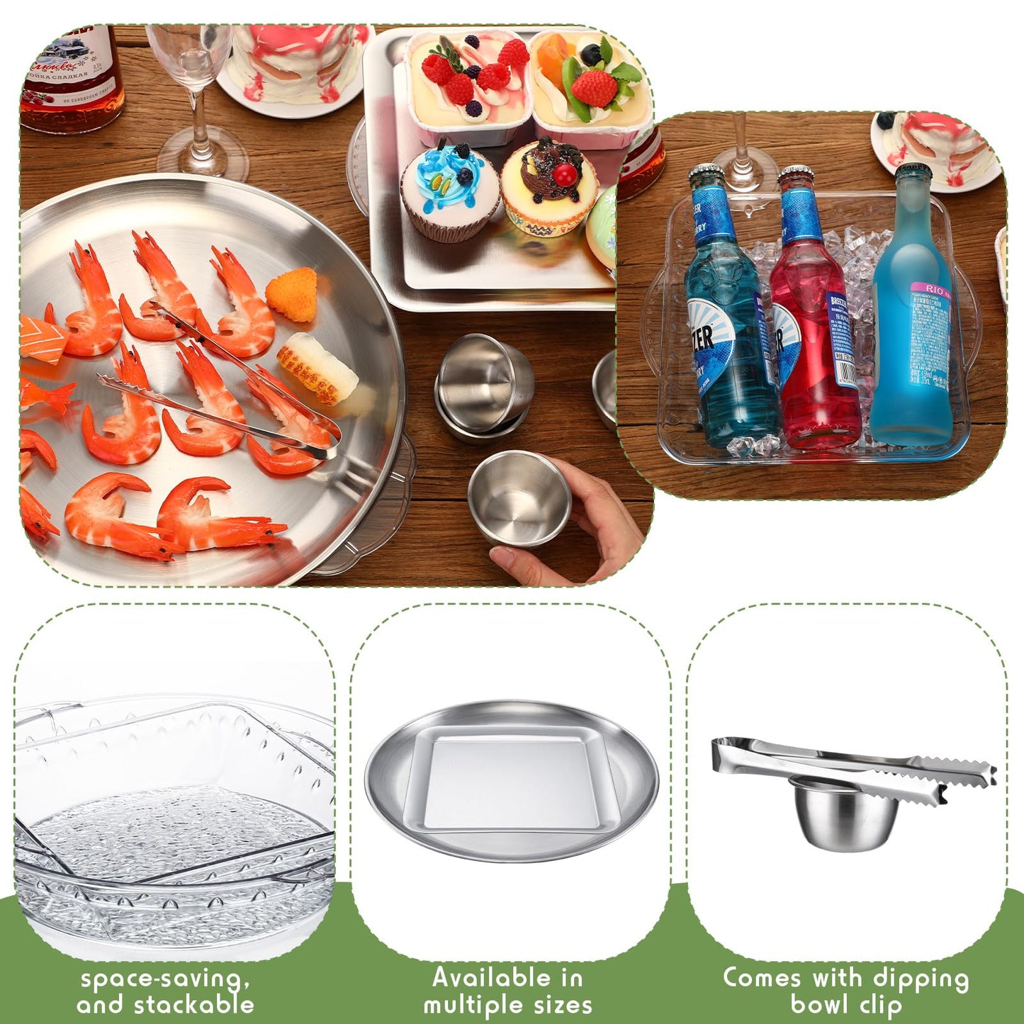 Baderke 4 Set 11.8" + 9" Chilled Serving Tray for Parties with Compartments Ice Chilled Party Platter Charcuterie Serving Board 1.7 oz Dipping Bowls with Tongs for Fruit Seafood Vegetable (Natural)