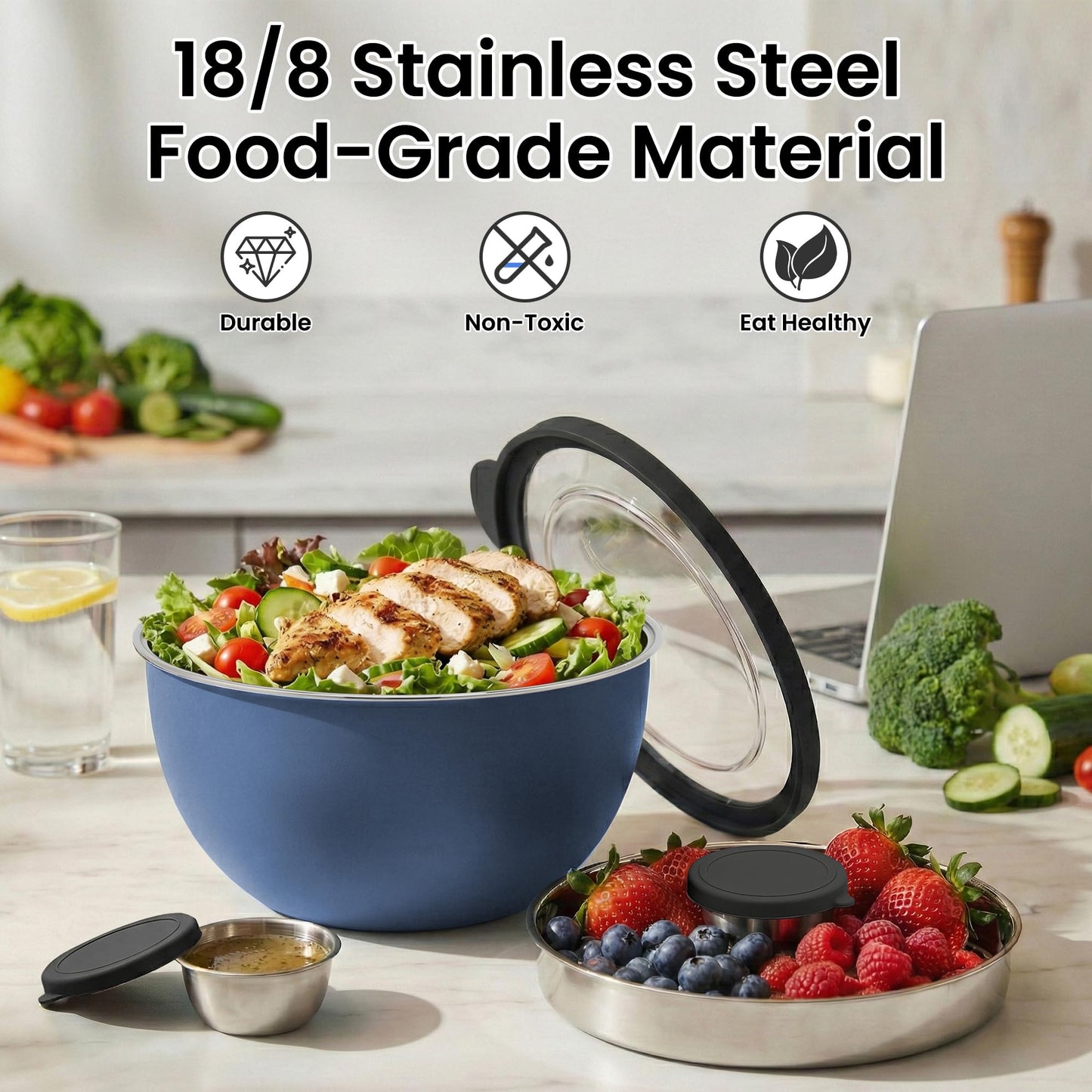 Rorence Salad Bowl, 96oz Large 18/8 Stainless Steel Salad Bowl with Airtight Lid & Non-Slip Base, Kitchen Mixing Bowl for Meal Prep, Family Dinner, Party & Picnic, Blue