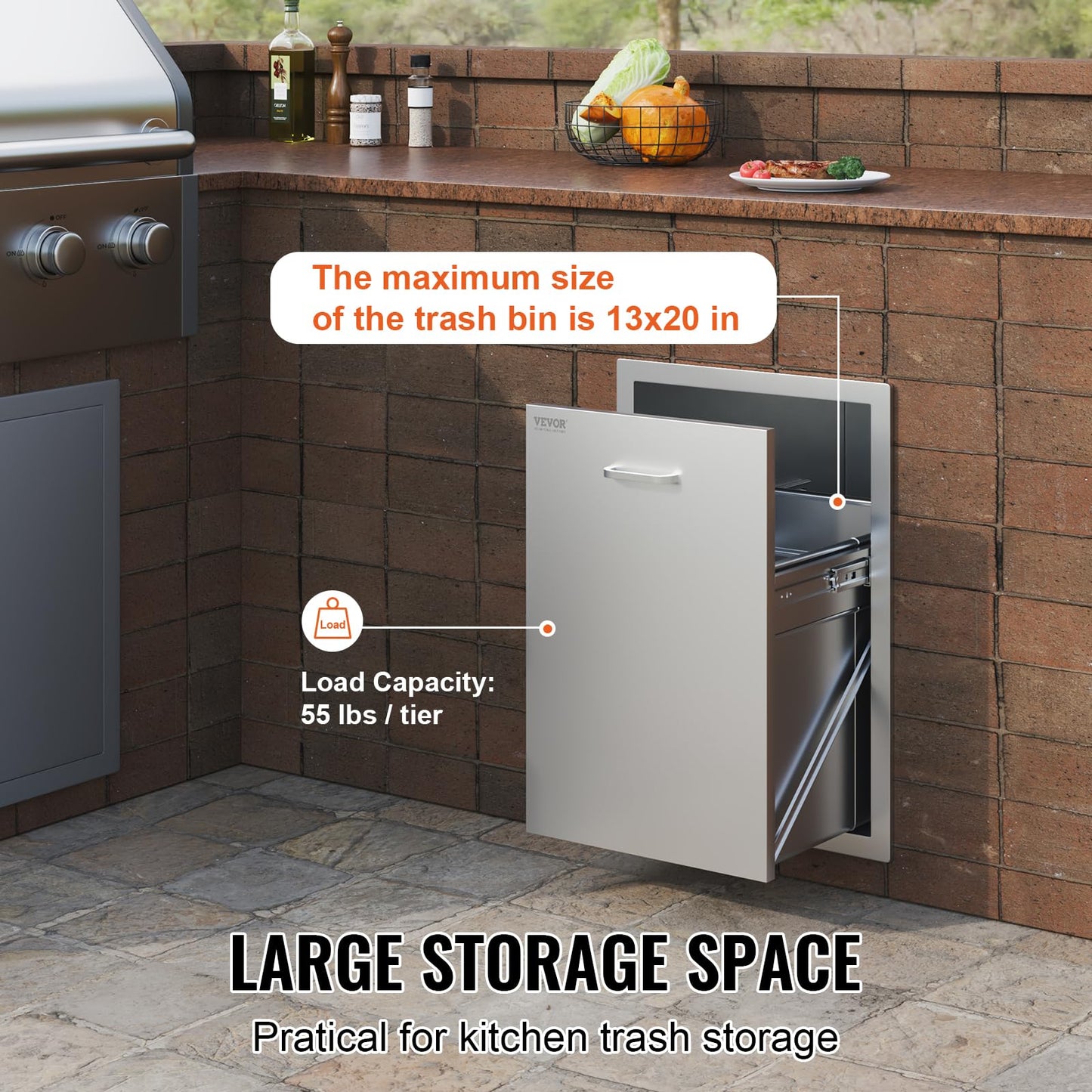VEVOR Outdoor Kitchen Trash Drawer 17.7W x 25H x 22.8D Inch, Stainless Steel Trash Drawer with Handle and Pull-Out Tray, Outdoor Pull Out Kitchen BBQ Island, Trash Can NOT Included