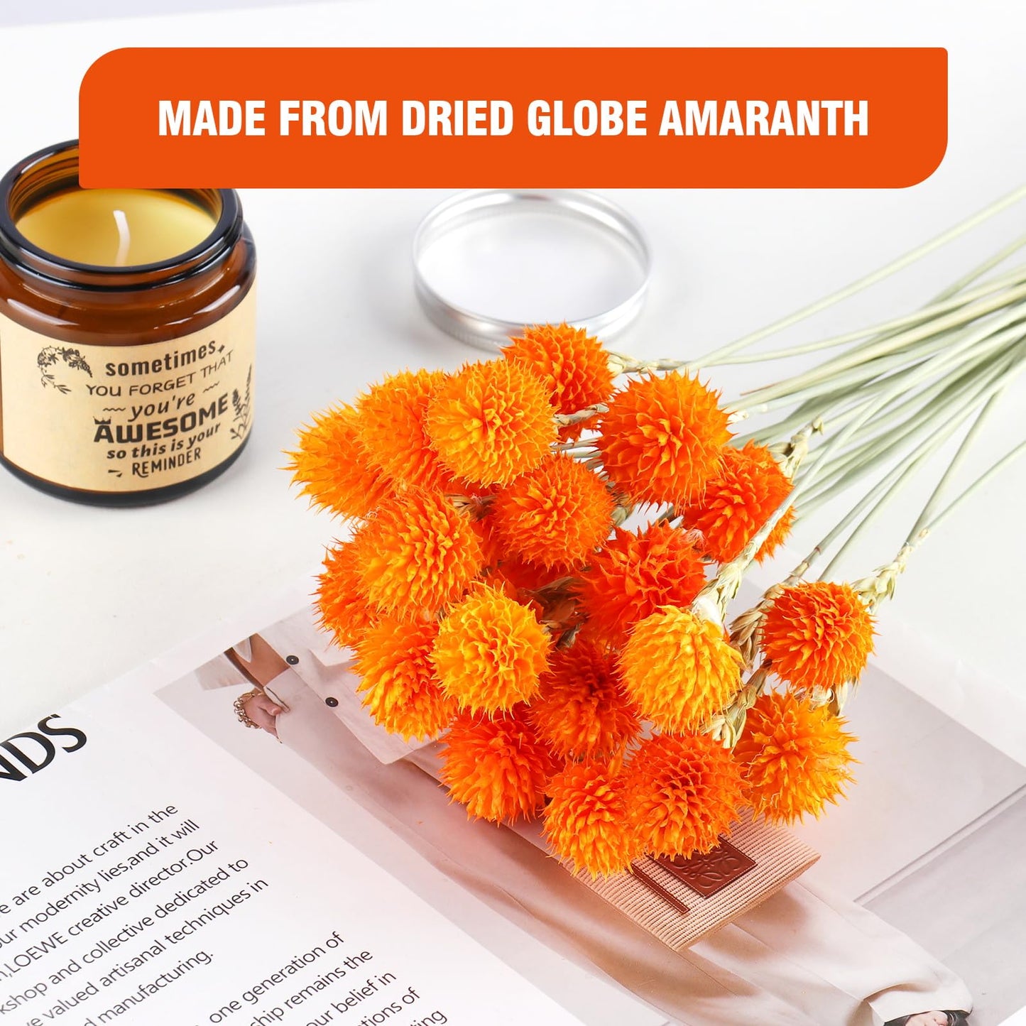MIHUAGE Dried Globe Amaranth Flower with Wheat Straw Natural - 40PCS Bouquet for Vase Home Decor Party DIY Arrangement (Orange)