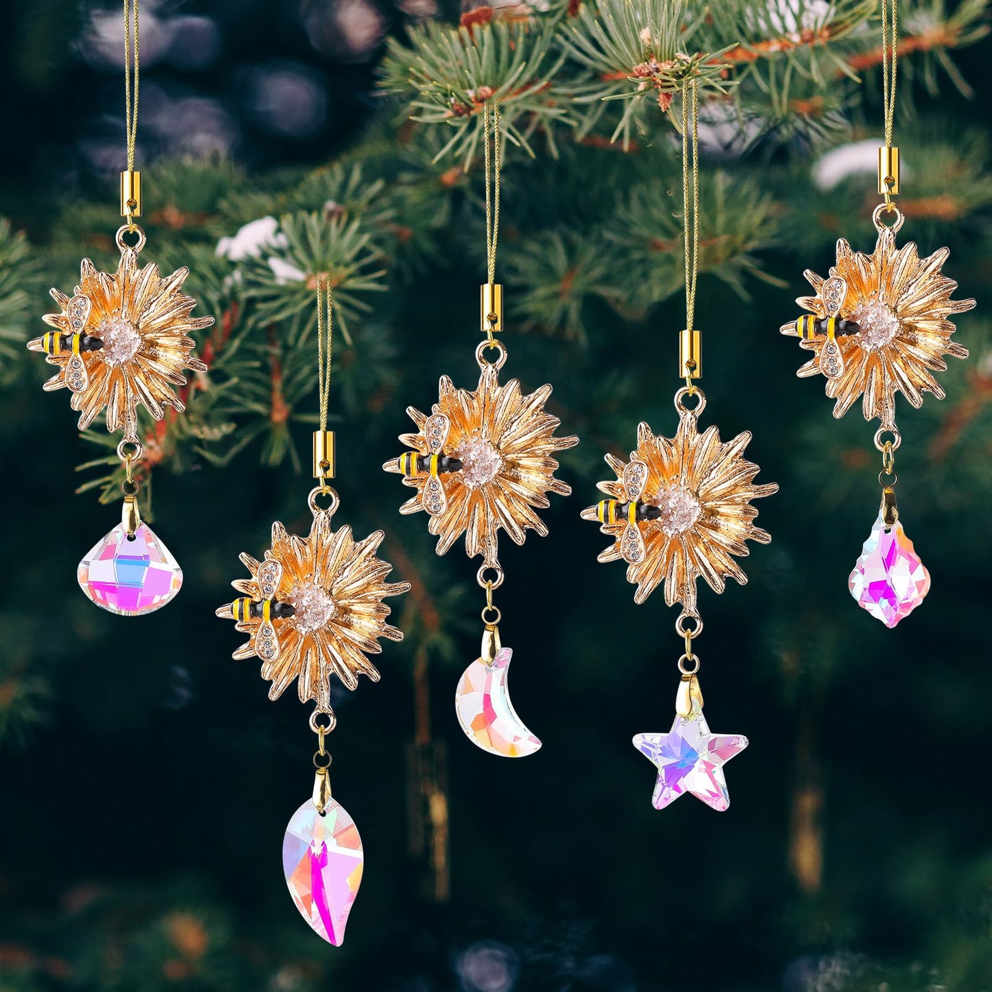 5Pcs Crystal Suncatchers Glass Prisms Christmas Tree Decorations Gold Flower Bee Hanging Crystal Ornament Wedding Party Home Decor