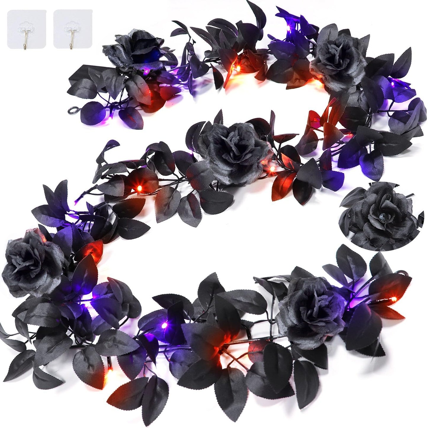 Timer - 6 Feet Halloween Garland with Lights, Artificial Black Garland with Black Roses 20 LED Purple Orange Lights for Halloween Decorations Indoor Outdoor Table Fireplace Home Decor