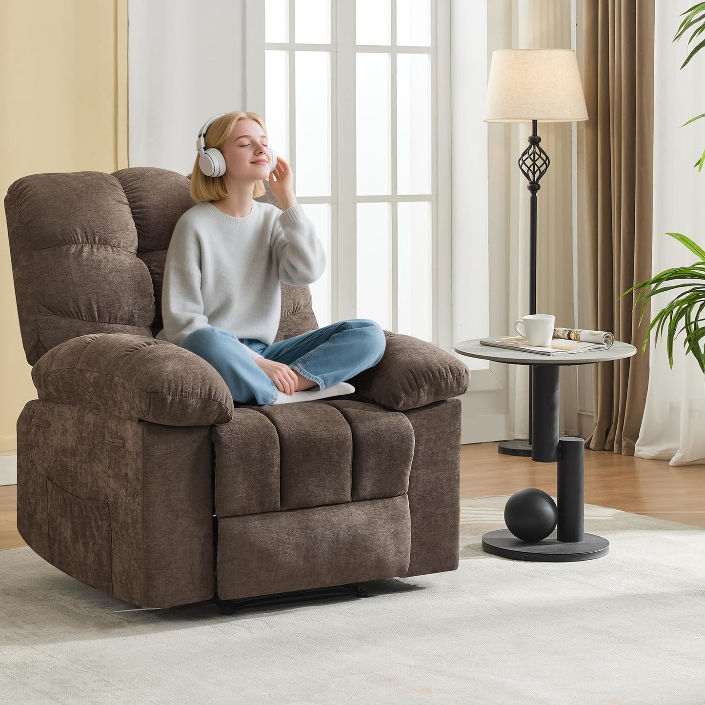 Light Brown Ergonomic Recliner Chair - Overstuffed Rocking Recliner with Massage & Heat, Wide High-Back Linen Reclining Chair, Manual Adjustable with Remote & Dual Side Pockets for Living Room Bedroom