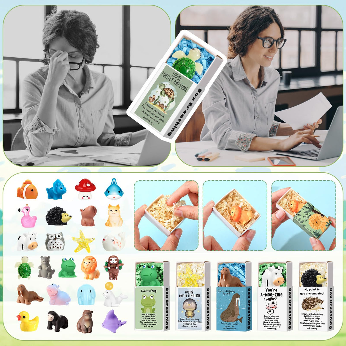 Cinnvoice 100 Sets Emotional Employee Appreciation Gift Bulk Positive Tiny Animals with Inspirational Card Box Breathing Gift for Dispatcher Lab Week Staff Coworker Team Teacher Nurse (Various Styles)