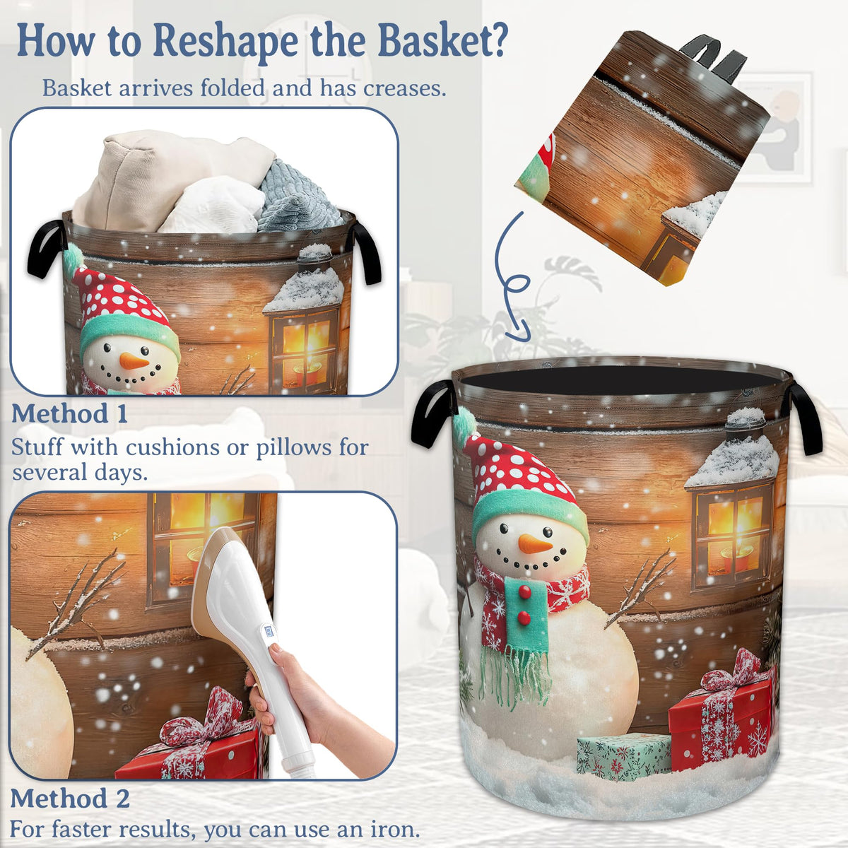 Christmas Laundry Basket,Oxford Cloth Snowman Laundry Hamper With Handle Foldable Portable Clothes Storage Basket for Laundry Room/Bedroom/Bathroom 20.8"x16"