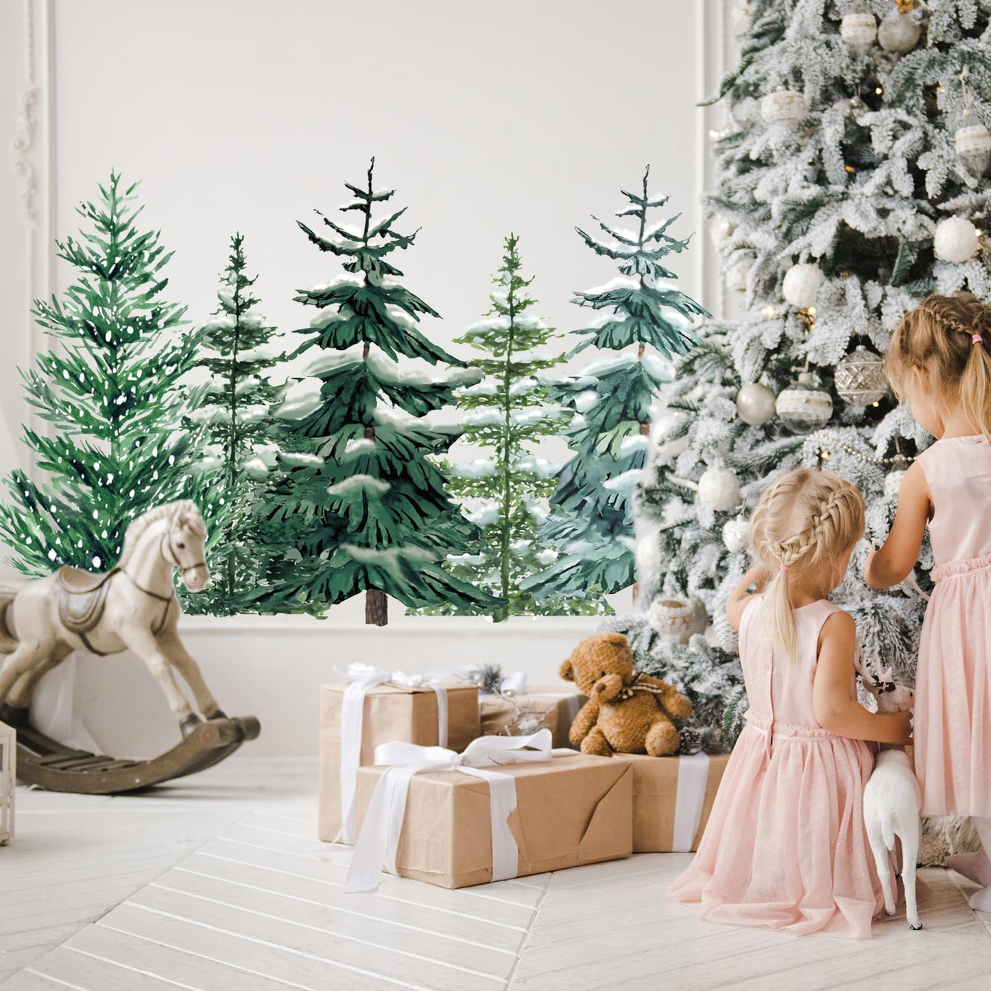 JarThenaAMCS 6 Sheets 35.4 x 71 Inch Winter Christmas Wall Stickers Snowy Forest Pine Tree Wall Stickers Peel and Stick Large Room Mural Decals for Xmas Home Party Decoration