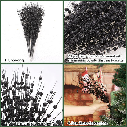 Megoogo 12 PCS Artificial Glitter Berry, Black Glitter Picks Artificial Berries Stems for Christmas Ornaments Fake Stem Decorative Sticks for Vases Tall DIY Wreath Halloween Decor