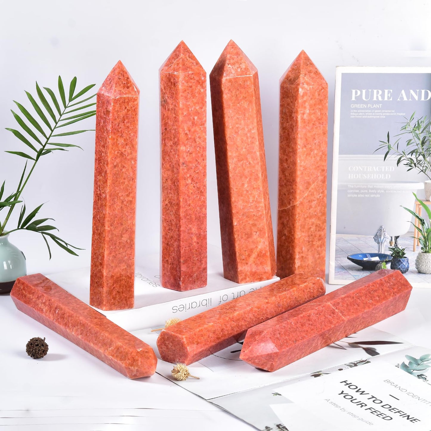 JIC Gem Large Sunstone Obelisk Tower Points Healing Crystal Wand 6 Faceted Quartz Crystals Tower Wand Home Decor Reiki Healing 1.7-2.2 Lbs