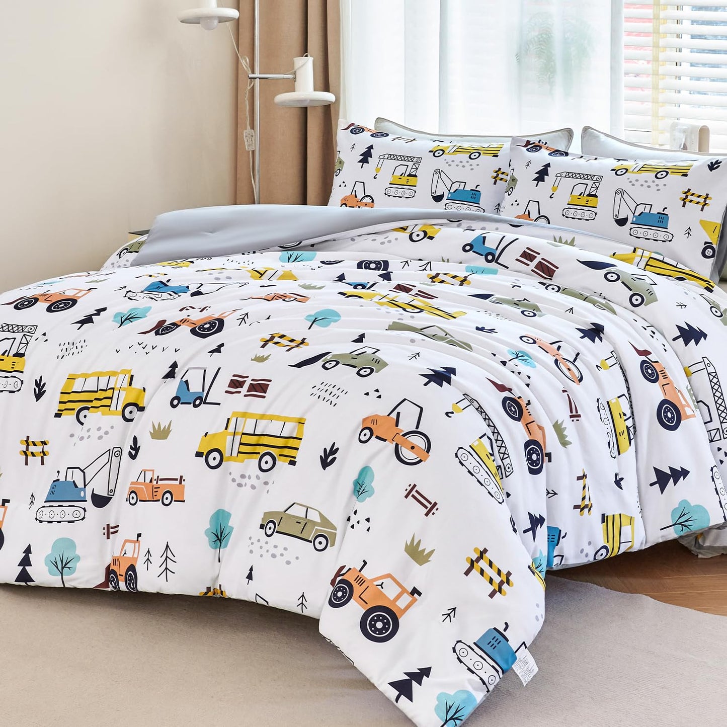 WINLIFE Construction Twin Comforter Set for Boys 3-Piece Teen Kids Bedding Reversible Lightweight Microfiber Forest Vehicles Car Bed Set