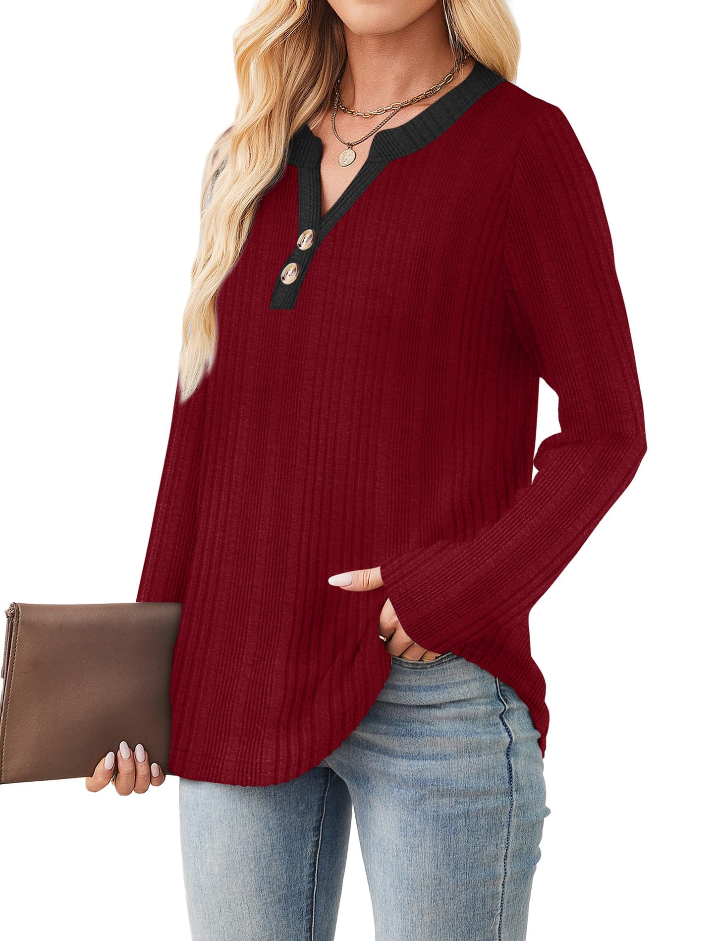 SAMPEEL Womens Sweaters Lightweight Long Sleeve Shirts V Neck Tops with Button Fall Outfits 2025